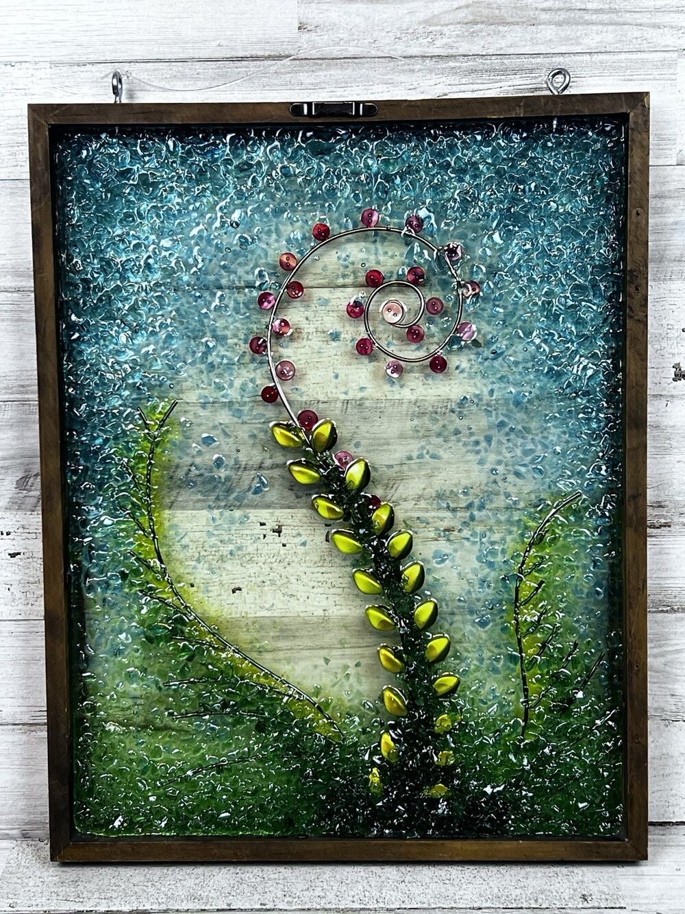 Handmade Mixed Media Wall Art 3D Floral Glass Resin Textured Folk Art 12x15